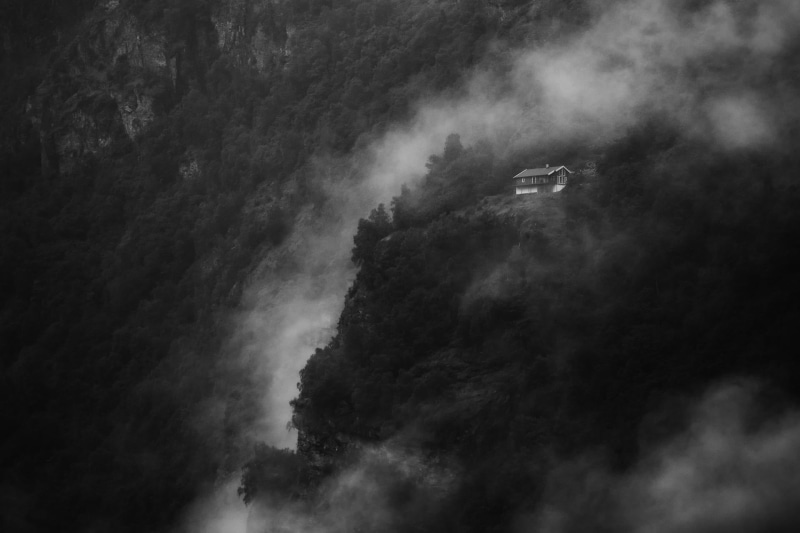 scenics - nature, mountain, tranquil scene, plant, outdoors, non-urban scene, trees, transportation, tranquility, landscape, Geiranger, tree, house, monochrome