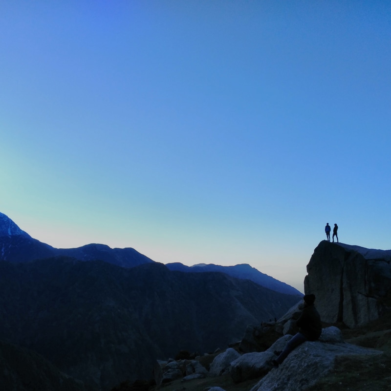 one person, mountain, scenics - nature, non-urban scene, outdoors, nature, copy space, cliff, leisure activity, clear sky, sky, sunset, mcleodganj, triund