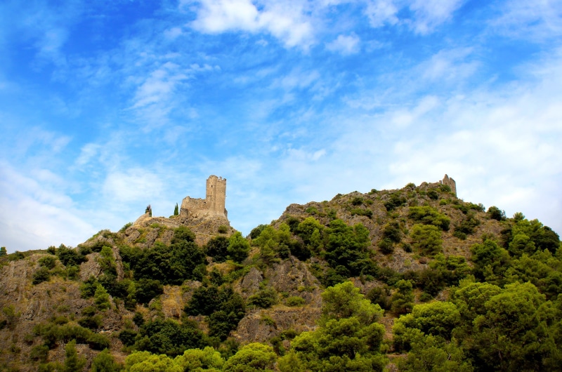 blue, landscape, catharism, exterior, vacation, traditional, de, sky, mountain, building exterior, trees, european, river, culture, chateau, beauty in nature