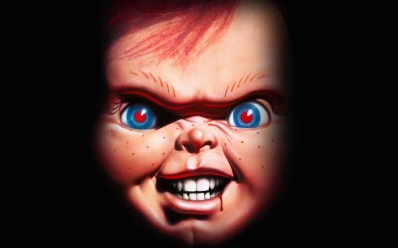 one person, mouth open, looking, human face, portrait, headshot, chucky, 2K, childhood, child, indoors, eye, body part, black background, Movies, fear