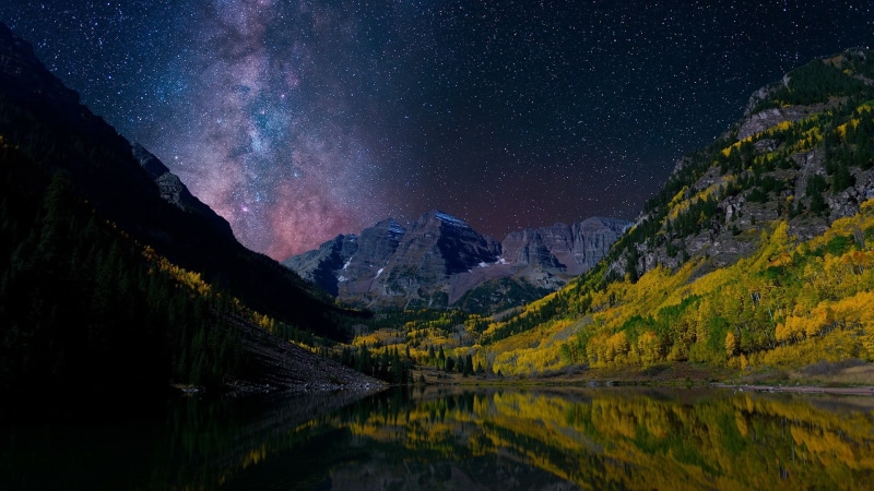 night sky, landscape, milky way, phenomenon, night, aspen, 1080P, maroon peak, elk mountains, maroon bells, water, reflection, mountain, nature, peak