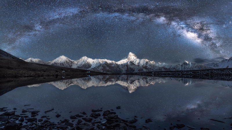 no people, mountain, 4K, sky, minya konka, gongga, sichuan, stars, mount scenery, tibet, lake, milky way, snow, daxue shan, nature, environment, beauty in nature