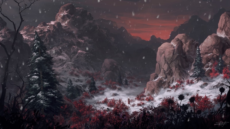 mountains, winter, rock, 1080P, landscape, artwork, snow, fantasy art, red, digital art