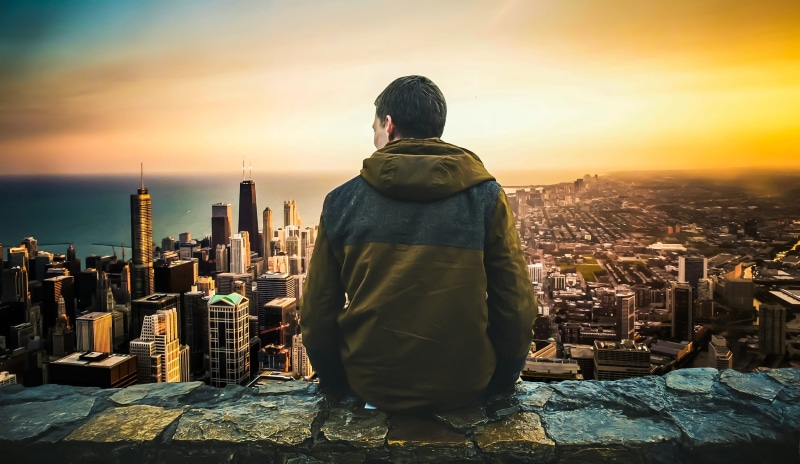 modern, high, tall, landing, one person, looking, back, calm, male, water, overlooking, building, relaxing, man, outdoors, stone, rear view, lonely, 2K