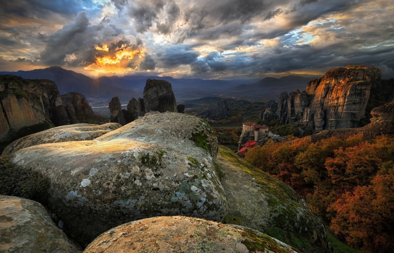 black, outdoors, environment, mountains, trees, tranquility, sunset, mountain, Greece, forest, sky, gray, monastery, mountain range, hills, no people, landscape