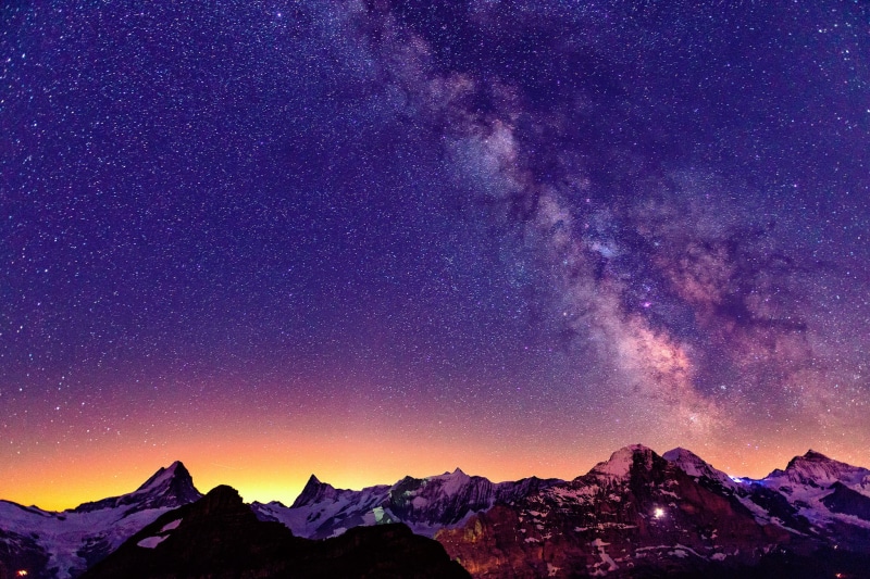 mountains, sunrises, stars, switzerland, sunsets, sky, 1080P, nature, alps