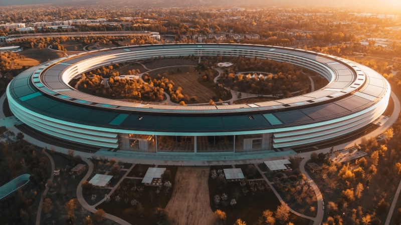 travel destinations, united states, architecture, water, outdoors, golden hour, cityscape, built structure, apple hq, aerial, circle, aerial view, sunlight