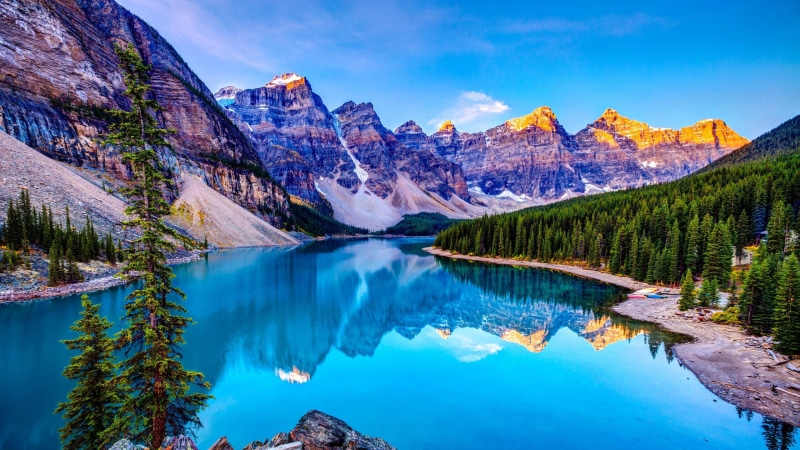 blue water, landscape, mountains, forest, scenery, blue sky, scene, 4K, lake, reflected