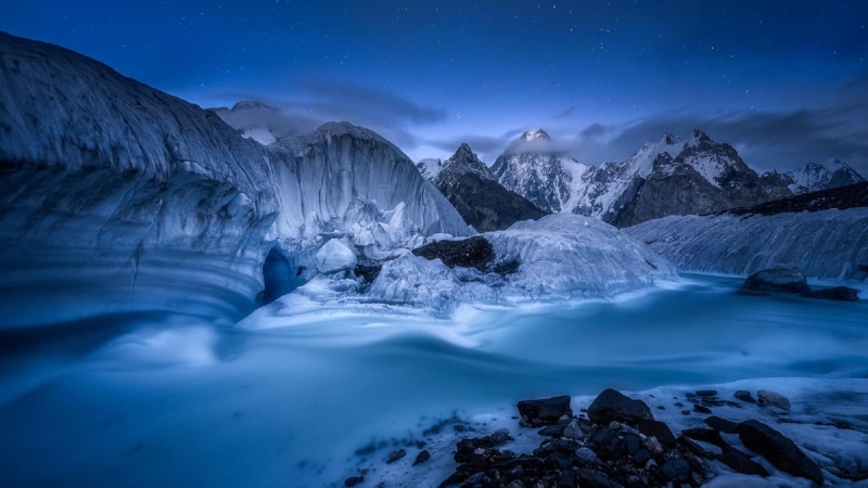 snowy, stars, high mountain, winter, 1080P, karakoram range, frozen, night, mountain range, tajik, glacier, starry sky, asia, xinjiang, pakistan, mountain