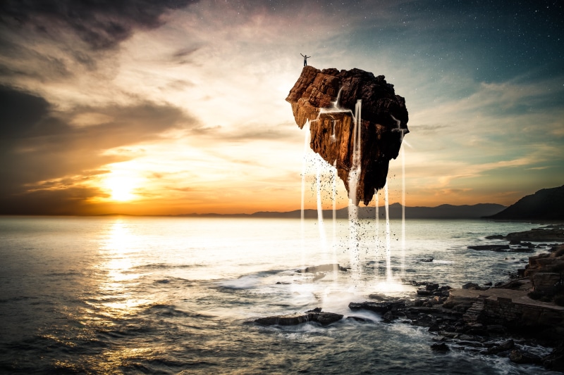 coastline, nature, Sunset, sea, Photoshop, gray, sky, 5K, floating, formation, Majorca, Moveré, beach, water, rock formation, 70mm, Mk2, Canon  5D, Sigma