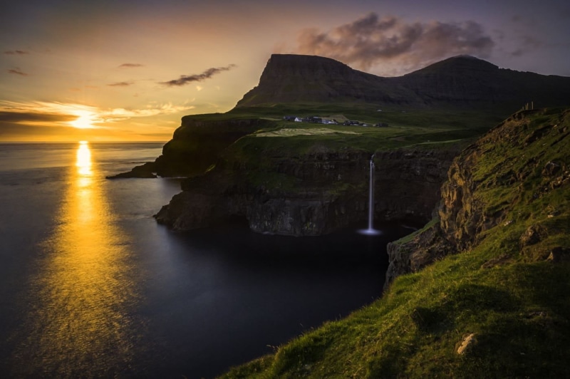 Gásadalur, nature, water, hour, cliff, falls, Sunset, water falls, scenics, mountain, 720P, sea, Nikon D700, golden, coastline, rock - Object, golden hour
