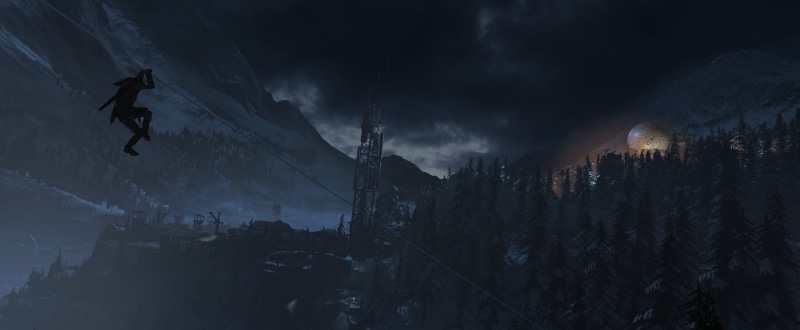 gray, cloud - sky, 2K, Tomb Raider, building, black, warning sign, nature, winter, compound, beauty in nature, silhouette, Lara Croft, outdoors, cold temperature