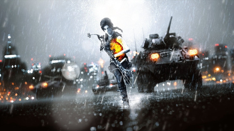 compound, car, sport, 1080P, Battlefield, motor vehicle, female, motion, Lara Croft, transportation, land vehicle, holding, snowing, bow, water