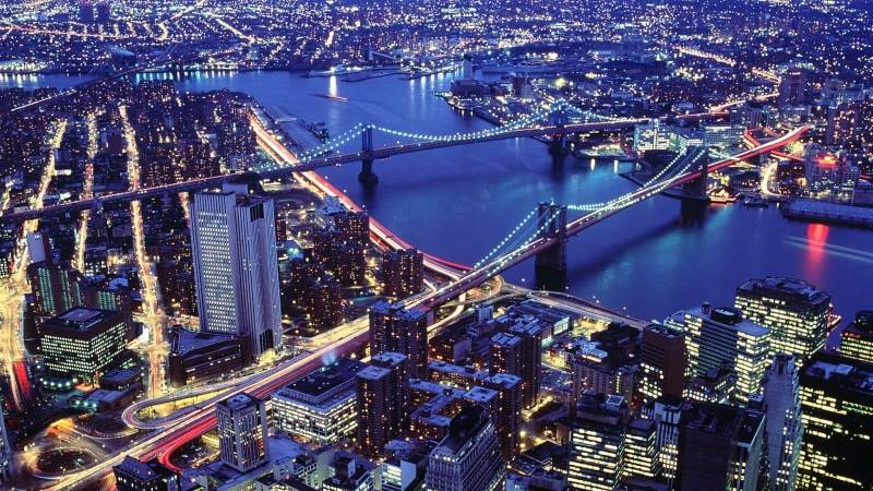 skyscraper, bridge, financial district, water, no people, building exterior, bow, 1080P, gray, built structure, river, transportation, high angle view