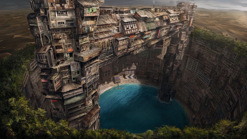 building, underground, pond, artwork, fantasy art, 1080P, utopia, city, cityscape