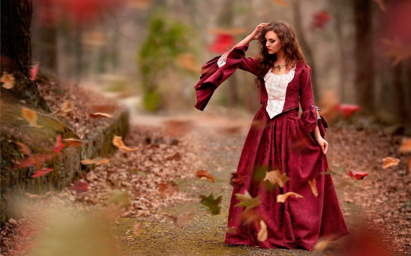 Wind, Dress, Leaves, Autumn, 1080P, Girl, Red