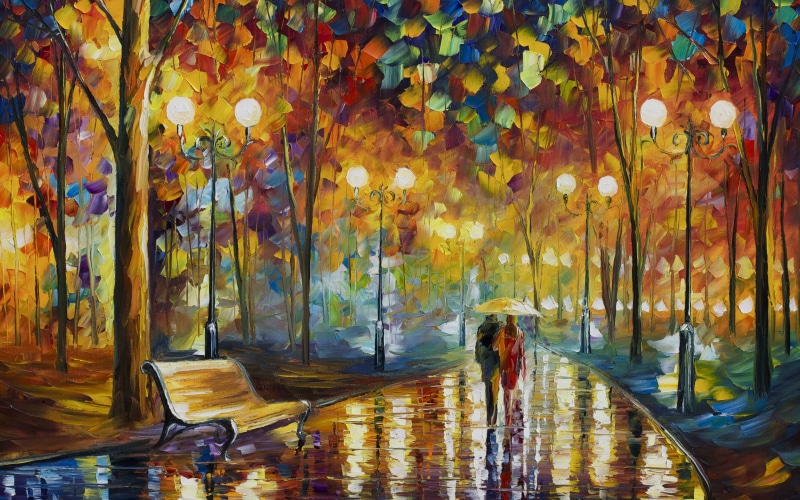 multi colored, creativity, 4K, women, pattern, couple leonid afremov painting park rain trees lights artwork reflection night bench, full length, adult