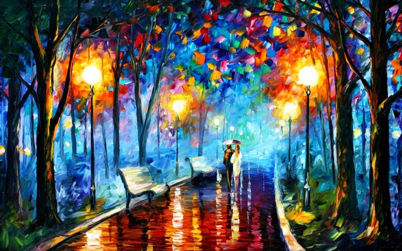 couple, Leonid Afremov, park, bench, 720P, artwork, street light, painting