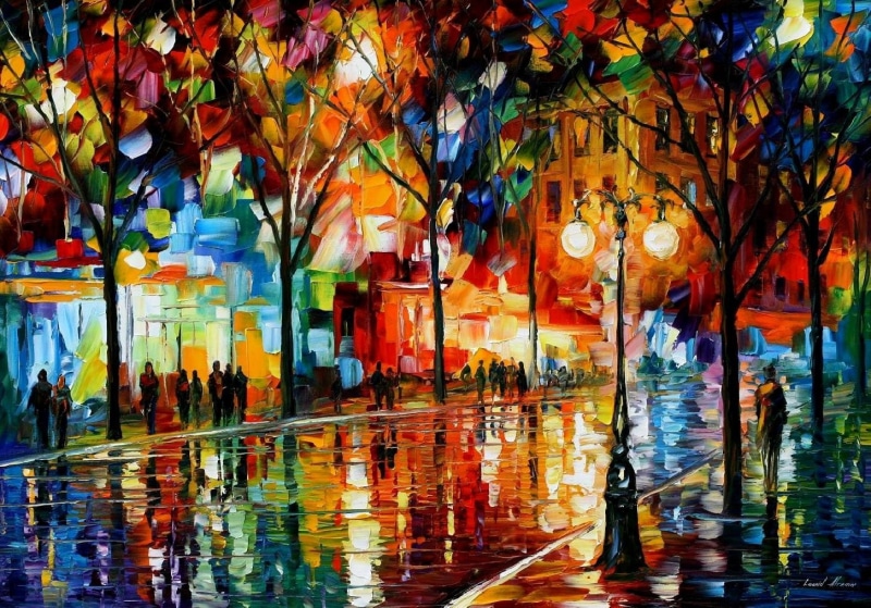 street, painting, artwork, Street Light, Trees, Colorful, Leonid Afremov, 720P, reflection