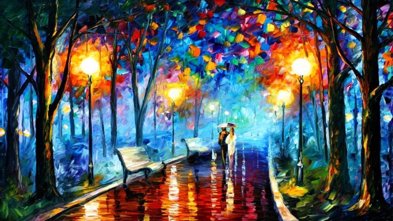 painting park trees leonid afremov street light rain colorful, adult, real people, leisure activity, multi colored, 1080P, lifestyles, outdoors, enjoyment