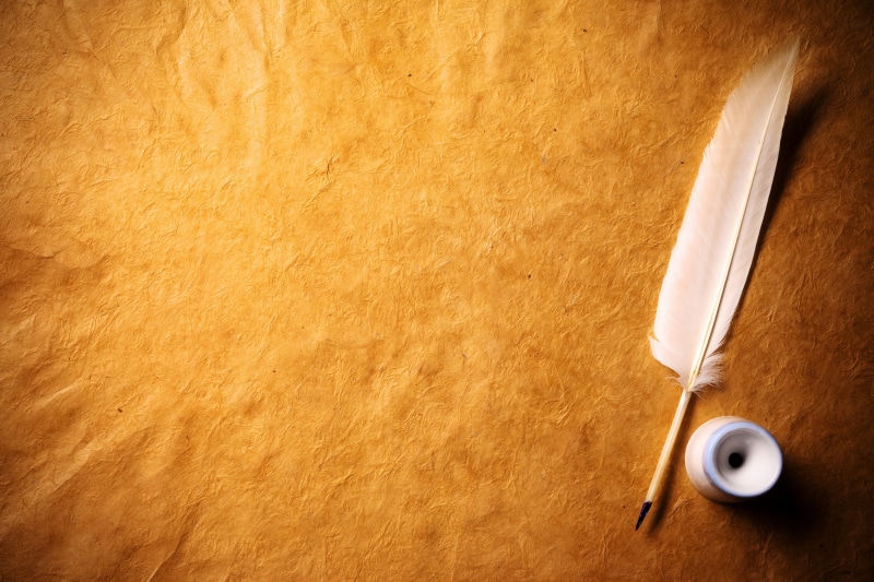 pen, book, quill Pen, parchment, blank, correspondence, high angle view, studio shot, feather, ink, page, literature, writing, close-up, 5K, white, text