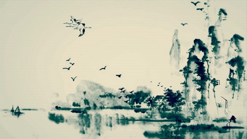 nature, flying, chinese, tree, sky, artwork, mid-air, chinese painting, group of animals, no people, bird, water, flock of birds, painting, 1080P, landscape
