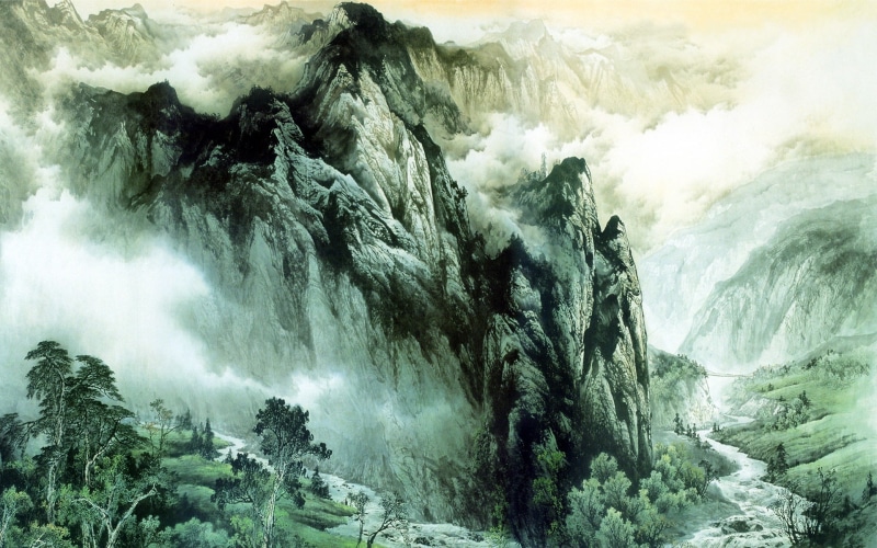 Ink, 1080P, Painting, mountains, rivers, River, Mountain, Chinese