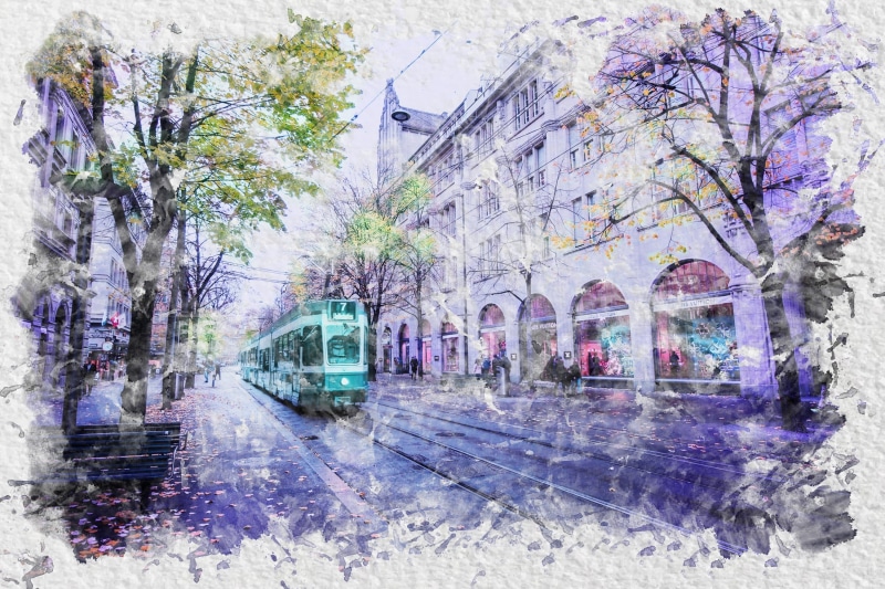 rain, building, water, street, modern, motor vehicle, reflection, car, painting, architecture, landscape, travel, land vehicle, transportation, plant, artistic