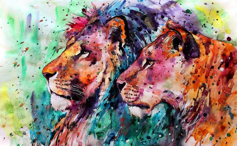 Lion, Artistic, predator (Animal), 1080P, Watercolor, Nature, Big Cat, Wildlife, Painting, Colors