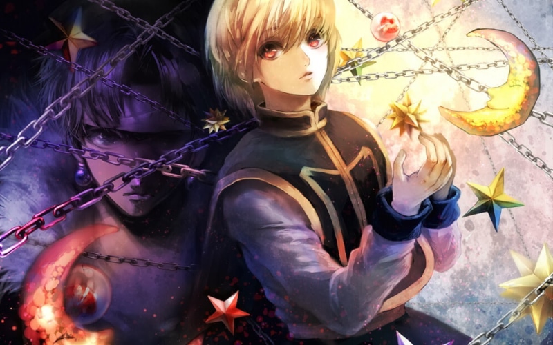 chains, 720P, anime, blond hair, stars, Chrollo Lucifer, Hunter x Hunter, Kurapika, red eyes