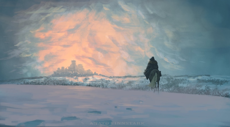 horse, environment, digital art, series, coats, digital painting, winter, Winter Is Coming, clouds, snow, fan art, House Stark, North, artwork, 2K, drawing