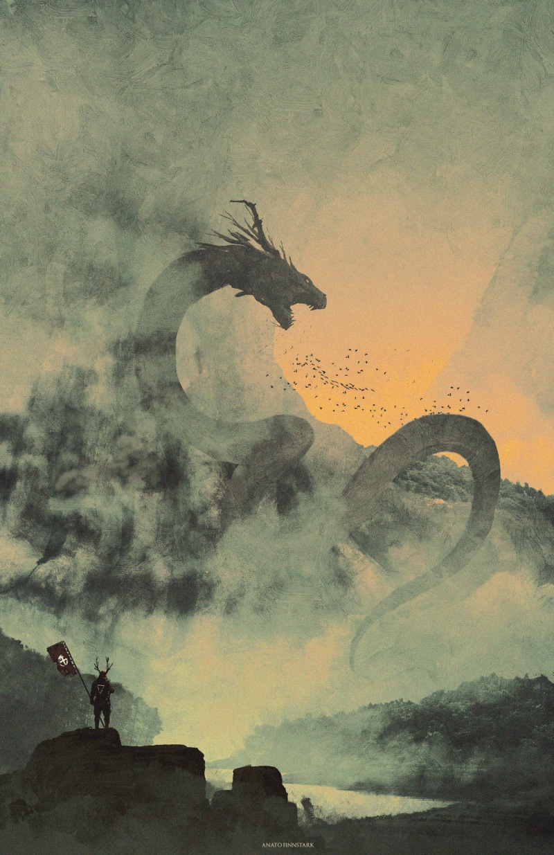 dragon, artwork, samurai, Anato Finnstark, mountains, warrior, birds, creature, 2K, fantasy art