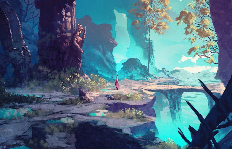water, trees, cyan, 720P, nature, concept art, cliff, women, abandoned, Anato Finnstark, statue, cloaks