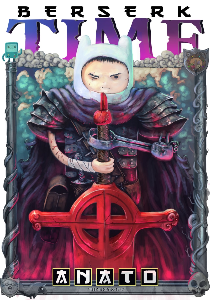 Finn the Human, short hair, fantasy art, Black Swordsman, black hair, fantasy armor, fan art, Anato Finnstark, black eyes, Berserk, crossover, parody, 2K