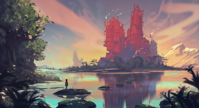 lagoon, Anato Finnstark, landscape, digital art, fantasy art, children, 4K, reflection, castle