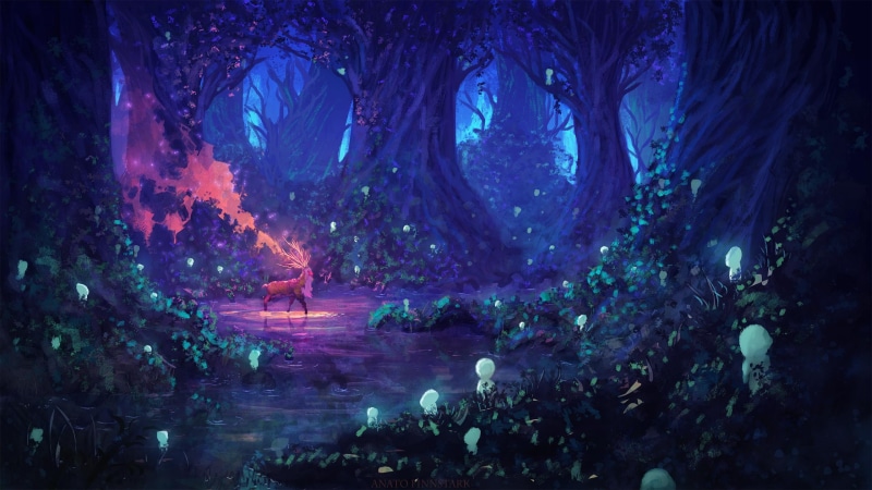 Princess Mononoke, fantasy art, Anato Finnstark, digital art, 2K, deer, forest