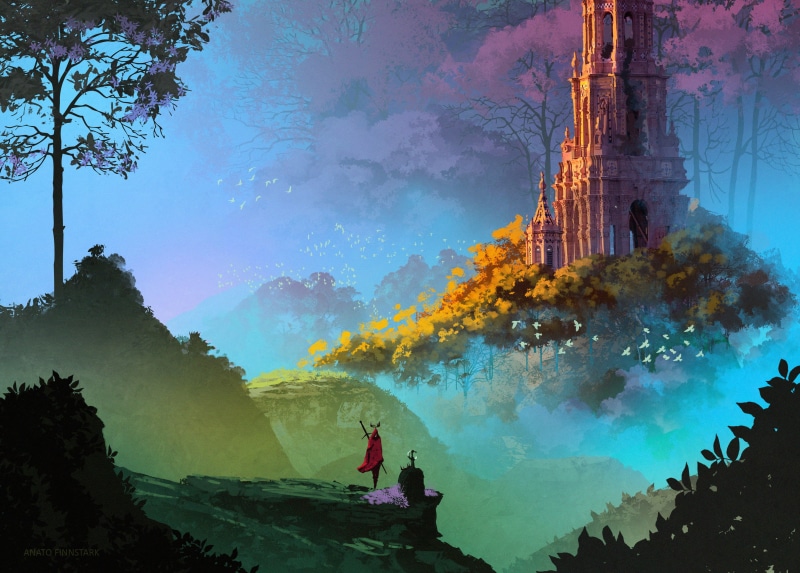 castle, Fantasy Men, forest, digital painting, trees, drawing, birds, sword, fantasy art, 2K, digital art, grave, environment, illustration, dark fantasy