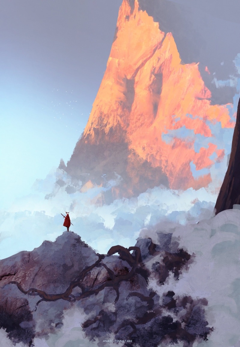 fantasy art, Anato Finnstark, environment, king, peak, crown, mountains, weapon, digital painting, Fantasy Men, clouds, sky, 2K, 2D, cape, drawing, digital art