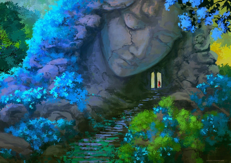 cloaks, statue, trees, 720P, concept art, stairs, flowers, abandoned, women, leaves, face, Anato Finnstark, nature