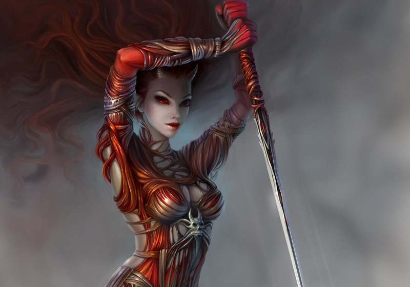 female likeness, studio shot, one person, sculpture, indoors, women, red, red eyes, representation, beautiful woman, clothing, religion, belief, spear