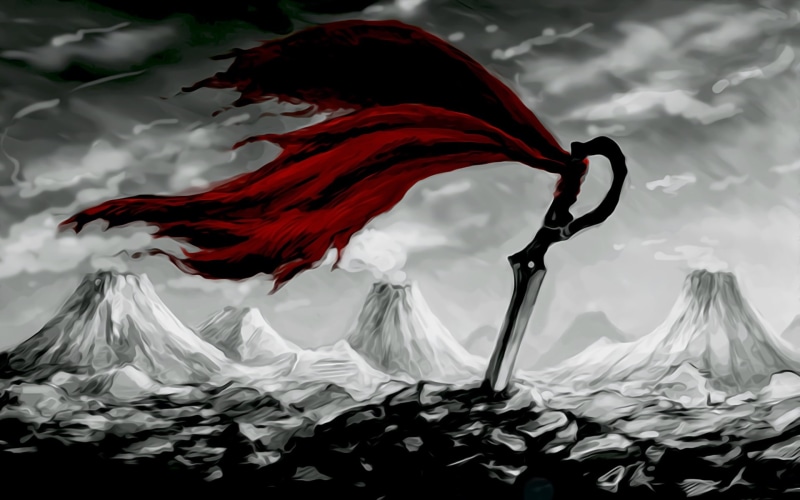 red, outdoors, fantasy art, anime, arts culture and entertainment, environment, sword, scarf, flowing, studio shot, no people, motion, tranquility, cloud - sky