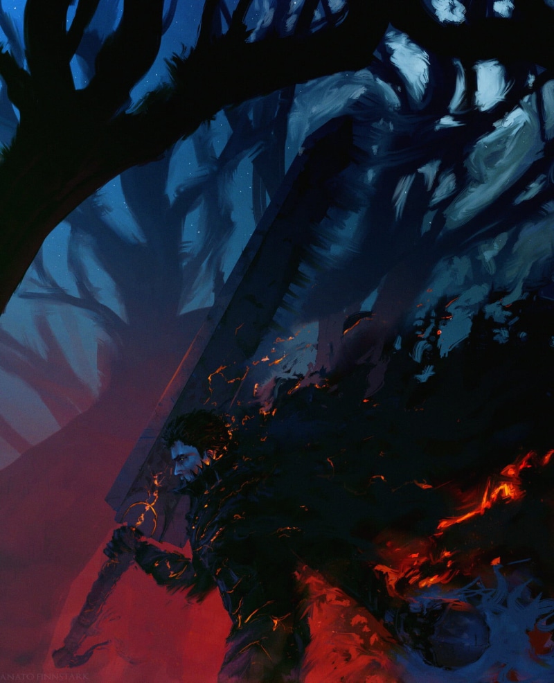 720P, smoke, burning, forest, nature, Berserk, armor, Guts, fire, trees, fantasy art, sword
