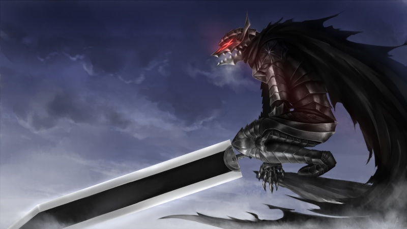 armor, female likeness, outdoors, nature, representation, day, built structure, berserk, sculpture, cloud - sky, statue, guts, human representation, sword