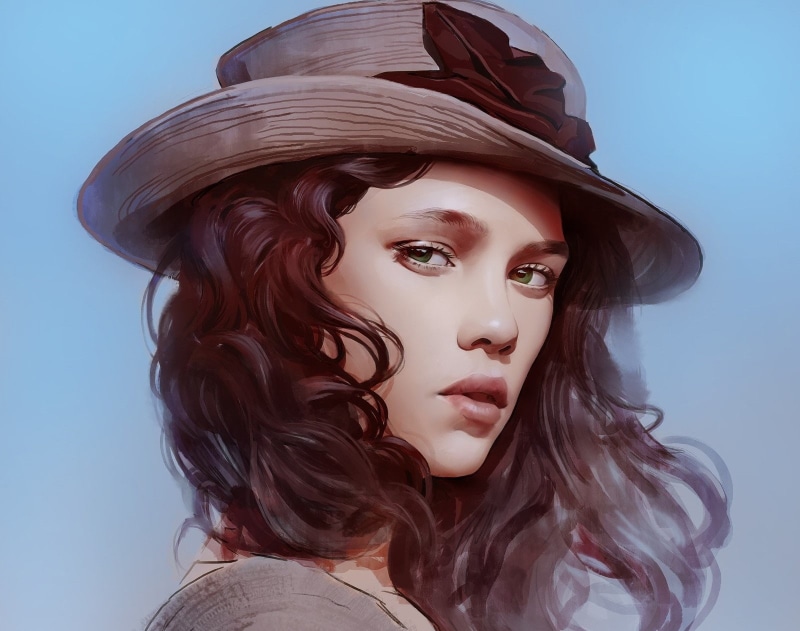 beautiful woman, light blue, real people, artwork, hair, digital art, women, young adult, young women, sky, Vexel, fashion, lifestyles, close-up, curly hair