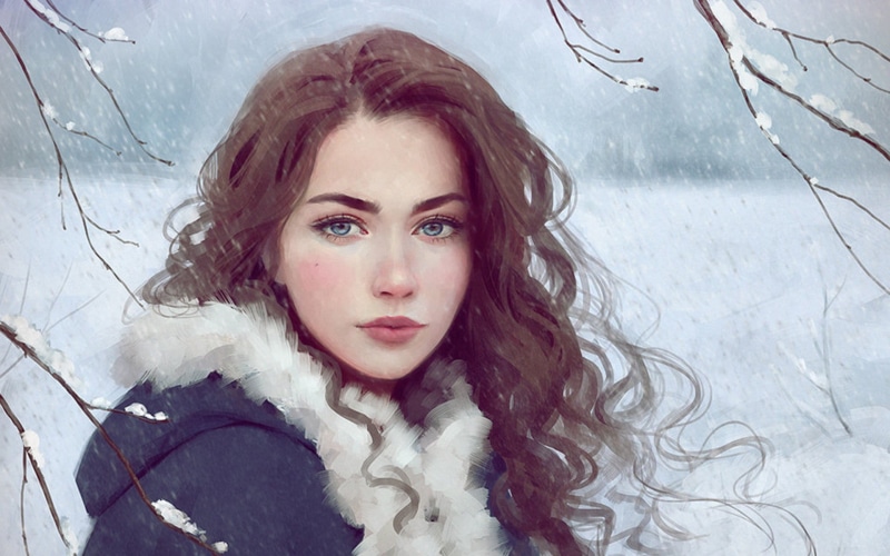 Selenada, warm clothing, looking at camera, painting, beauty, long hair, 1080P, hair, Vexel, vector, portrait, women, contemplation, woman, redhead, @Selenada