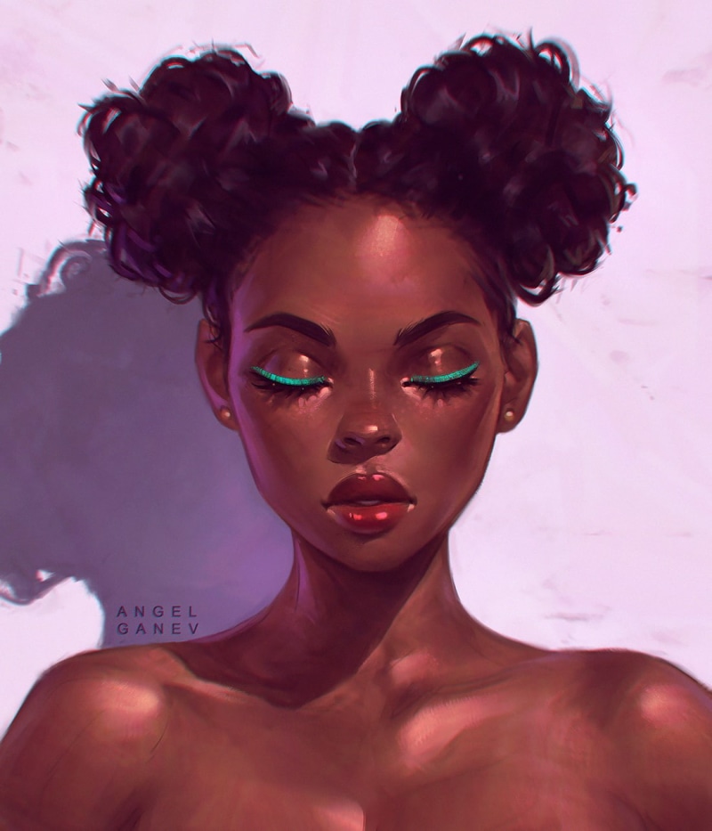 2D, painting, 720P, face, illustration, women, Angel Ganev, closed eyes, portrait, brunette, drawing, earring, bare shoulders, artwork, digital art, digital