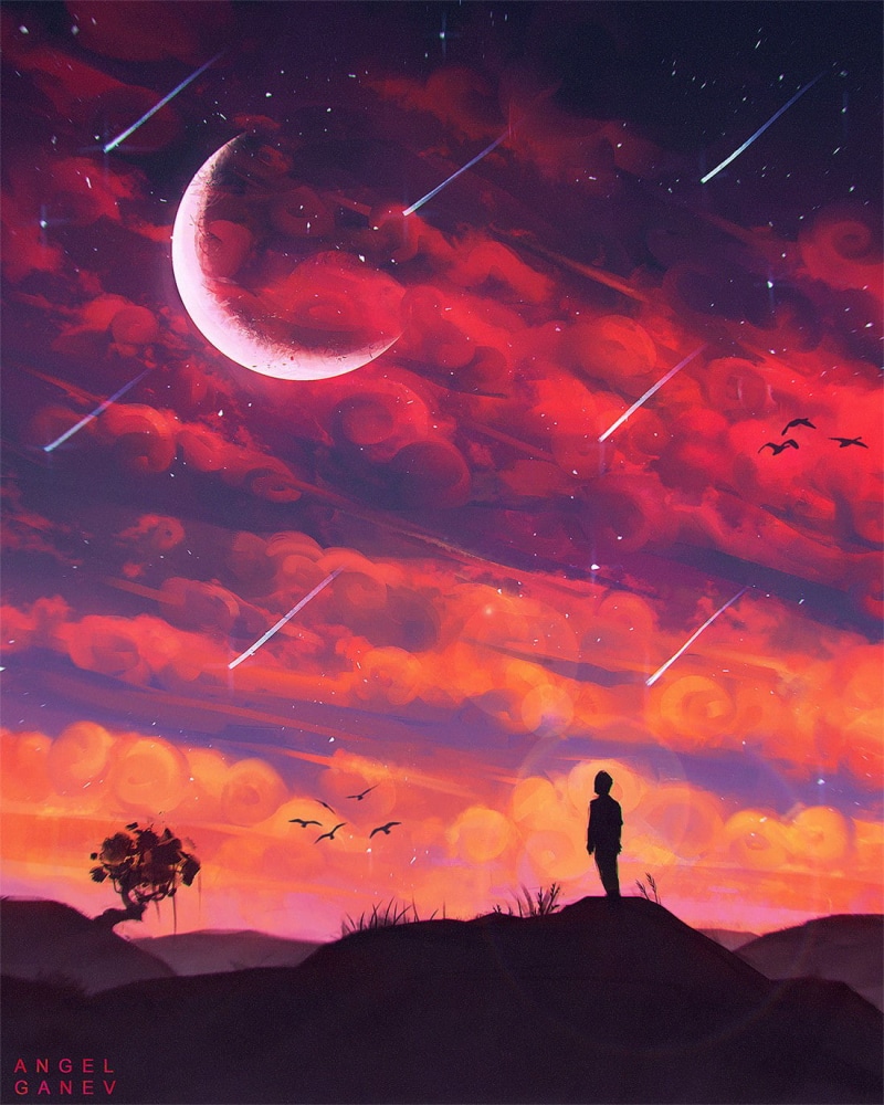 720P, landscape, sky, Angel Ganev, nature, Moon, clouds, drawing