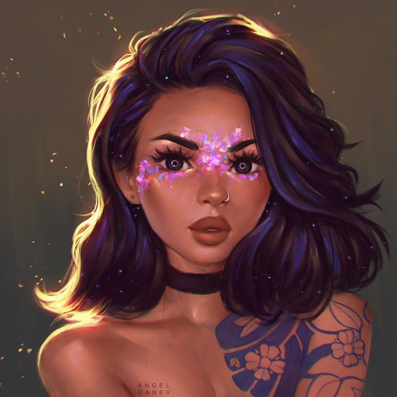 women, digital art, portrait, brunette, tattoo, digital painting, artwork, painting, looking at viewer, inked girls, drawing, face, illustration, shoulder length hair