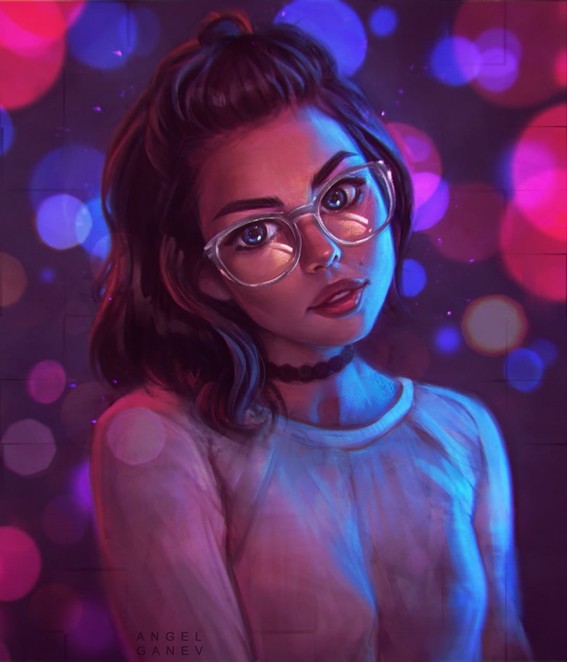 Angel Ganev, women, blue eyes, painting, portrait, looking at viewer, digital painting, artwork, brunette, digital art, 2D, 720P, drawing, women with glasses