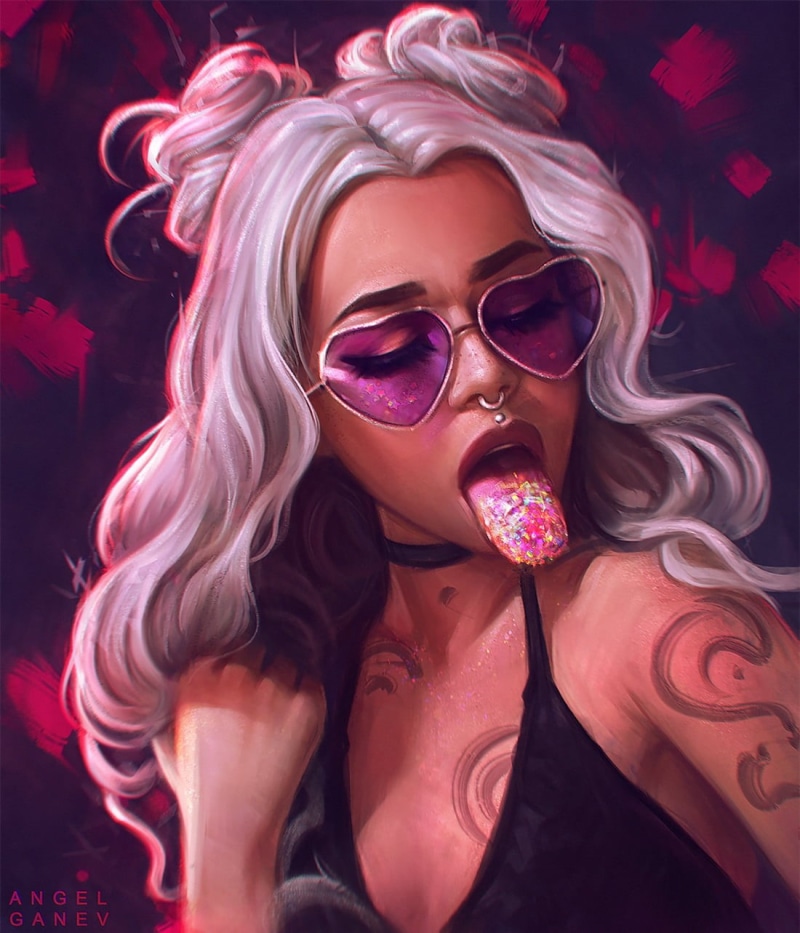 black tops, face, artwork, illustration, women with shades, pierced septum, digital painting, open mouth, tongue out, Angel Ganev, drawing, 720P, digital art